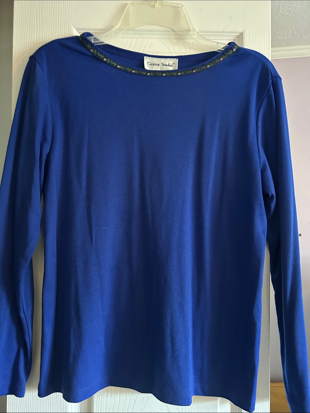 Susan Graver Long-Sleeve Crewneck Top in Royal Blue with Decorative Trim